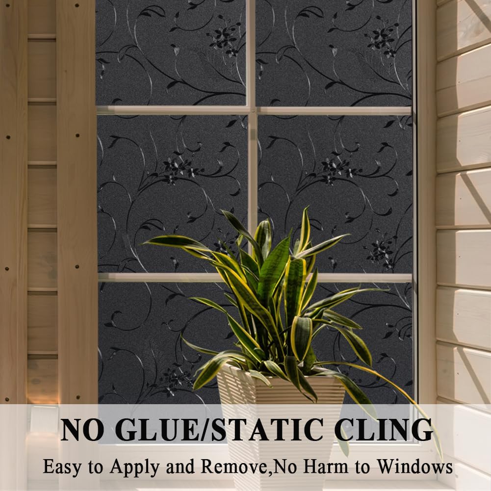 Mikomer Total Blackout Window Film,100% Light Blocking Privacy Glass Door Film Etched Flowers,Room Darkening Window Cling,No Glue/Heat Control/Anti UV for Day Sleep & High Privacy,11.8In. by 78.7In.