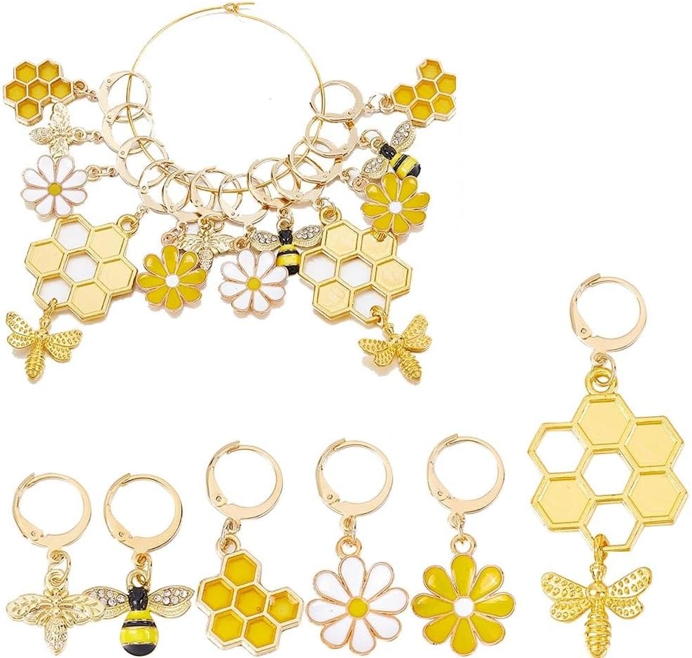 SUNNYCLUE 1 Box 12Pcs Bee Charms Knitting Stitch Markers Cute Removable Clip on Bracelets Charm Daisy Flowers Charms Lobster Claw Clasps Crochet Stitch Markers for DIY Knitting and Crocheting Sewing