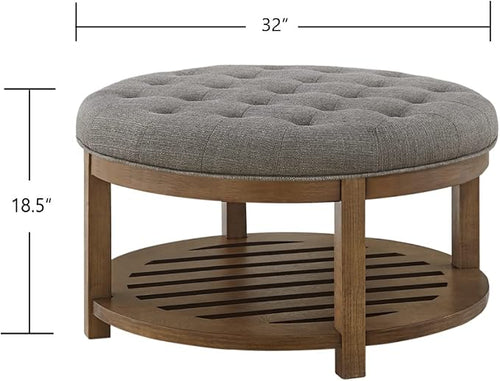 24KF Large Round Upholstered Tufted Linen Ottoman Coffee Table, Large Footrest - Image 2