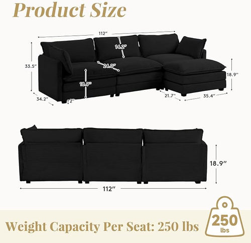 112'' Sectional Modular Cloud Couch, Oversized L Shaped 3 Seat Sofa - Image 2