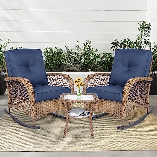 MEETWARM 3 Pieces Outdoor Wicker Rocking Chair Set, Rattan Patio Rocker Chairs by MEETWARM