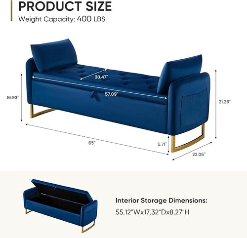 65" Storage Bench for Bedroom, Velvet End of Bed Bench, King Size Bed Benches - Image 2