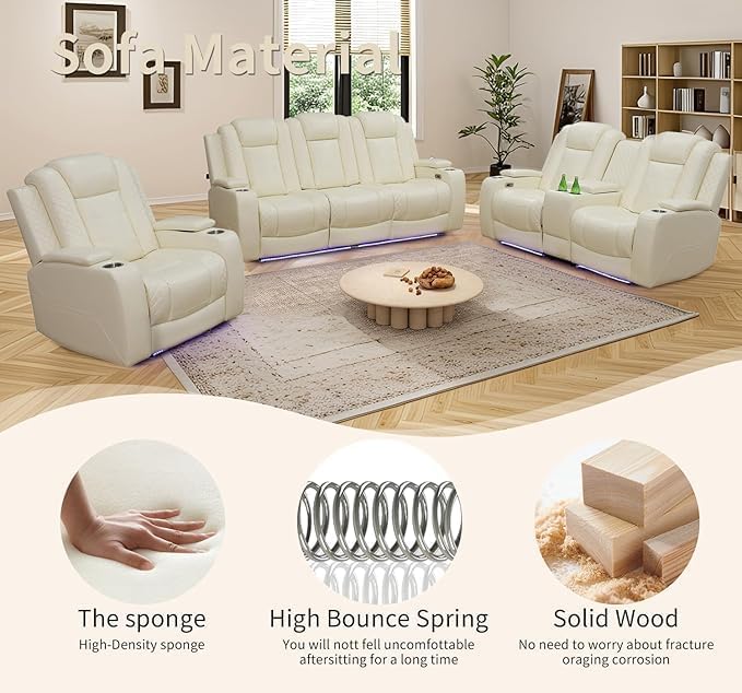 Power Recliner Set with LED Lights, Quilted Air Leather Reclining Set with USB - Image 4