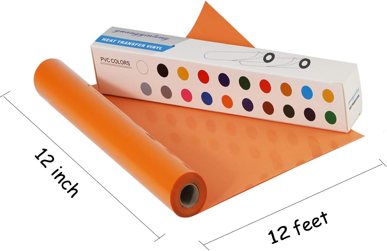 Guangyintong Heat Transfer Vinyl Orange HTV Rolls, 12" x 12ft Iron on Vinyl for T-Shirts, Matte Surface HTV for All Cutter Machine Easy to Cut & Weed for Heat Vinyl DIY Design