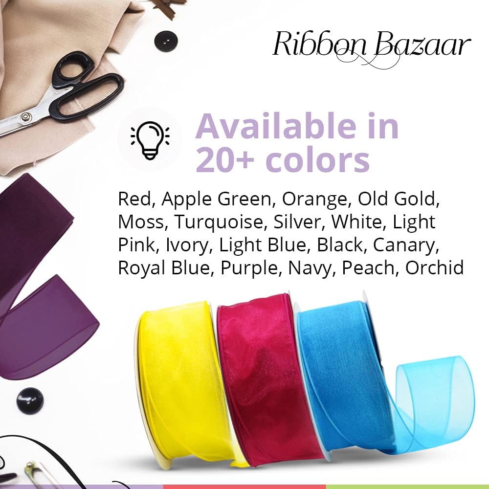 Ribbon Bazaar Sheer Organza Wired Ribbon - 100% Polyester Wire Edged Ribbon for Floral Decor, Table Arrangements, Apparel Embellishment & More - 1-1/2" Shocking Pink 25yd