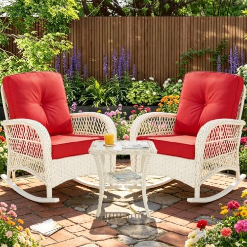 MEETWARM 3 Pieces Patio Conversation Set, Rattan Outdoor Rocking Patio Bistro by MEETWARM