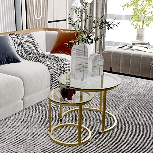 aboxoo Gold Nesting Coffee Table Set of 2, Small Glass Round Nesting Tables - Image 6