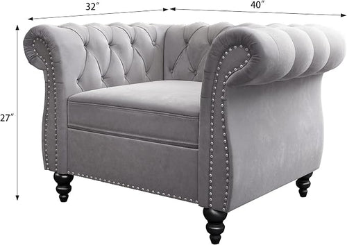 2 Piece Living Room Set, Velvet Chesterfield Sofa Couch Chair - Image 2