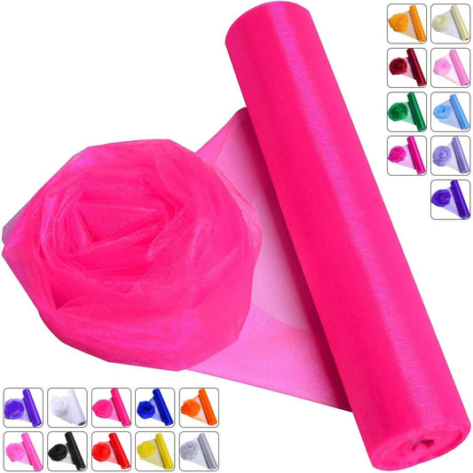 Crystal Organza Fabric Tulle - 16" by 50 Yards Sheer Fabric for Wedding Party Decoration Bridal Shower Tutu Roll Netting Spool Ribbon Wrapping (Dark Pink)