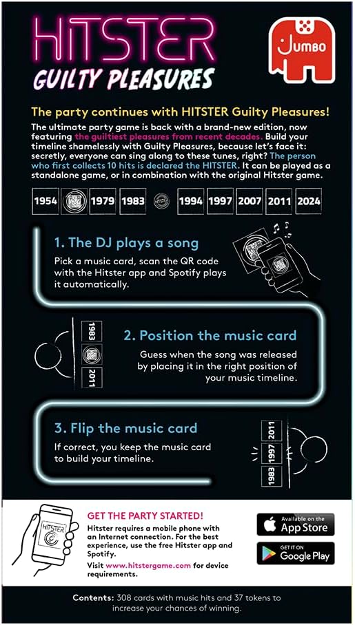 Jumbo Hitster - Guilty Pleasures, Fun Music Quiz Card Game, 2-10 Players - 300 Plus Guilty Pleasure Music Hits - Great for Adult and Family Game Nights (US Edition)