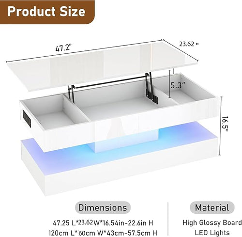 47.2" Large Lift Top Coffee Table, Modern High Glossy LED Coffee Tables - Image 2