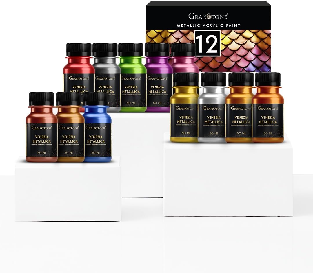 GRANOTONE Acrylic Venezia Metallic Colour | 12 Metallic Shades | 50 ml | Extra Sheen | Non Fading | Indoor/Outdoor | Non Toxic | Multi-Surface | Pro Artist, Hobby Painters & Kid | Made In India