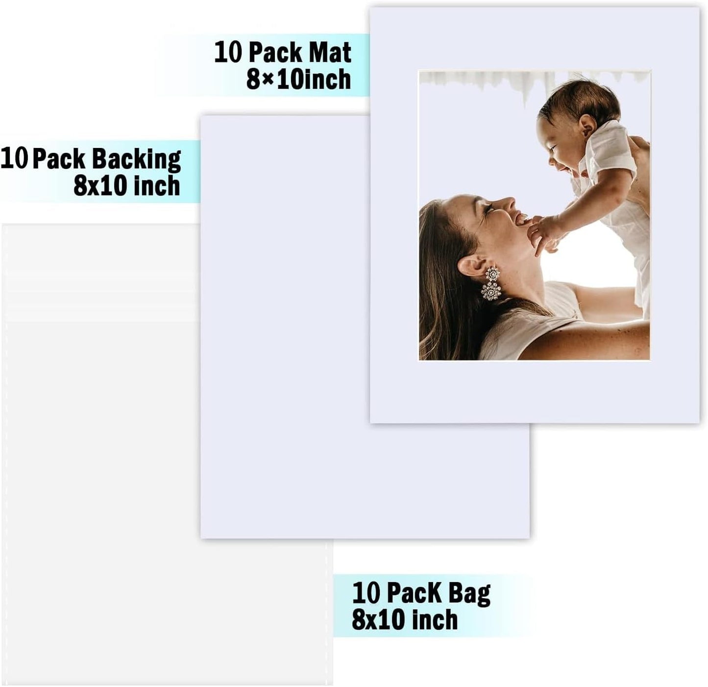 Egofine Pack of 10 White Mat Board Pre-Cut 8x10 Picture Mat for 5x7 Photo with White Core Bevel Cut Mattes Sets. Includes 10 High Premier Acid Free Mats & 10 Backing Board & 10 Clear Bags