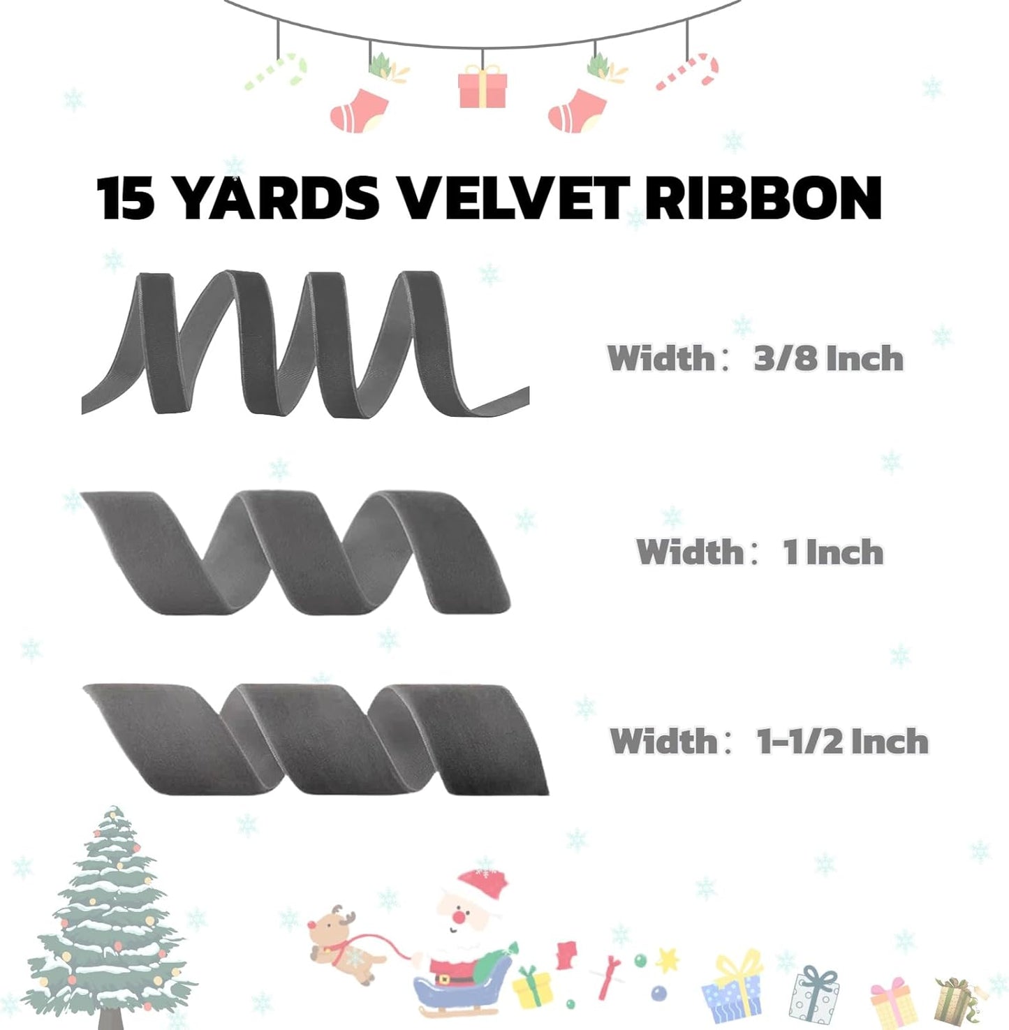 15 Yards Velvet Ribbon 1-1/2 Inch Single Face Grey Velvet Ribbon Spool Prefect for Wedding, Ribbons for Gift Wrapping, Christmas Tree Ornaments Wreath Hair Bows, Ribbons for Crafts