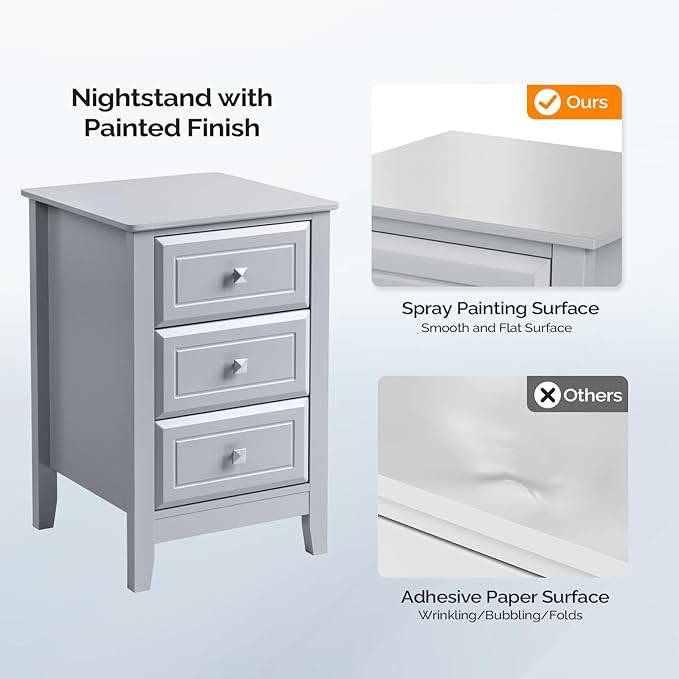 Bonnlo Gray Nightstands Set of 2, 3 Drawer Nightstand, Modern Night Stand - Image 6