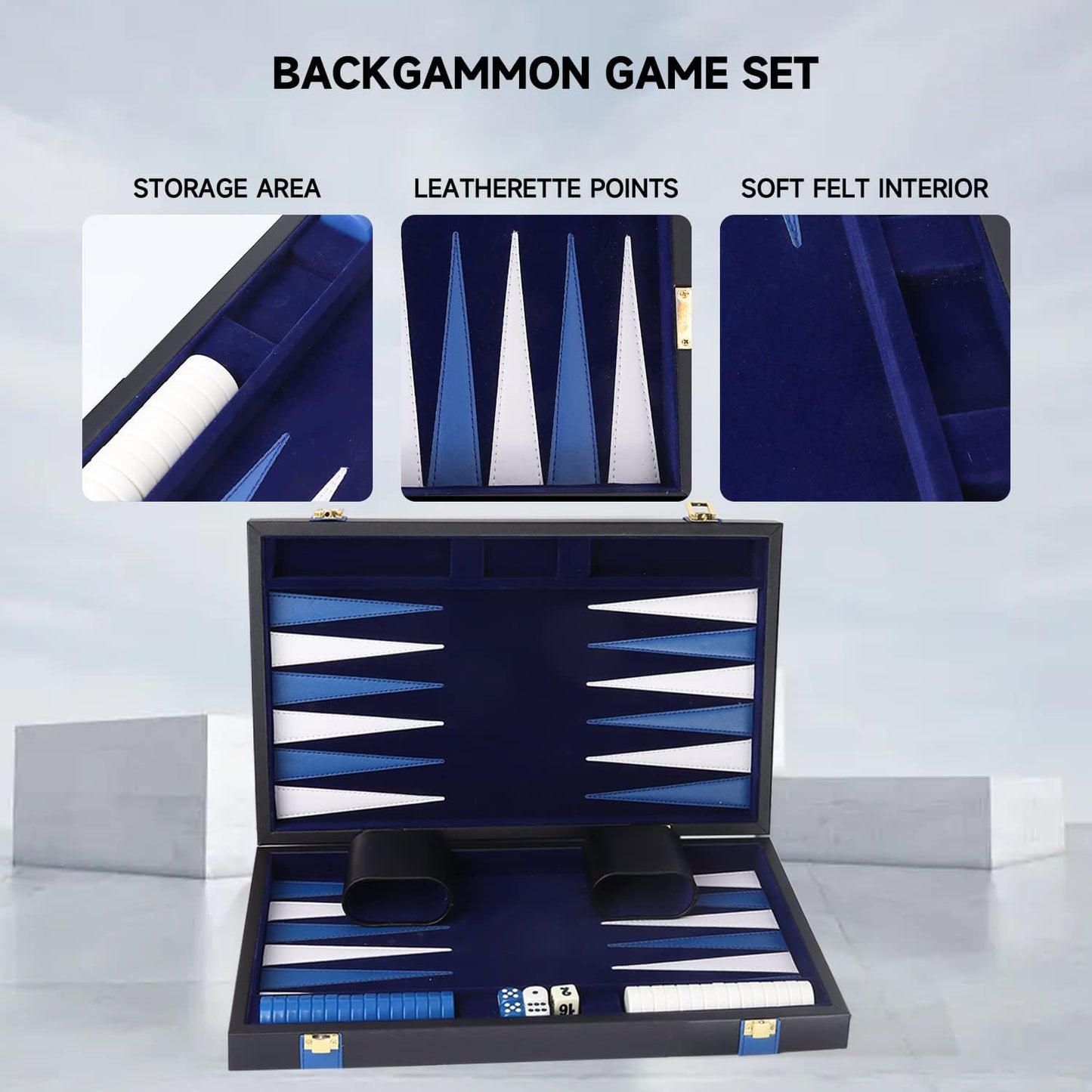 GSE Games & Sports Expert Premium Leather Backgammon Board Game Set, Classic Backgammon Game Set with Leather Case, Travel Folding Board Game (Black&Blue, Small)