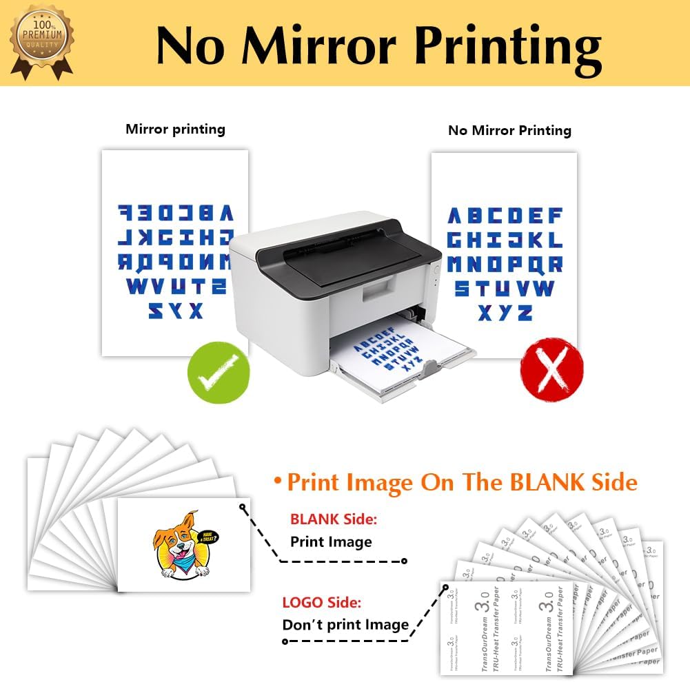 TransOurDream Tru-Heat Transfer Paper for Inkjet & Laserjet Printer (20 Sheets, 8.5x11", Dark 3.0) Printable HTV Heat Transfer Vinyl for T Shirts Iron on Transfers for Dark Fabrics (TRANS-D3-20)