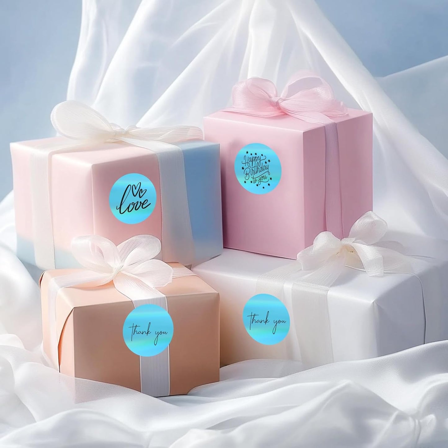 1.5" Holographic Direct Thermal Label Stickers, Round Printable Rainbow Glitter Thermal Printer Sticker Labels for Gift Wrapping, Self-Adhesive DIY Custom Logo Design- Blue