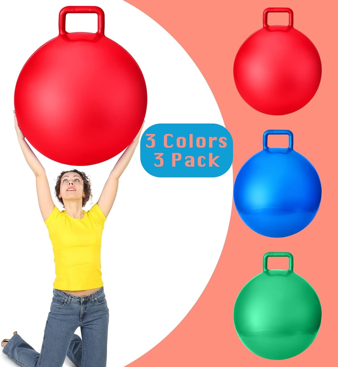 Lewtemi 3 Pcs 31 Inch Bouncing Ball with Handle, Outdoors Hopper Jumping Hopping Ball and Air Pump for Sports Exercise (Red, Blue, Green)