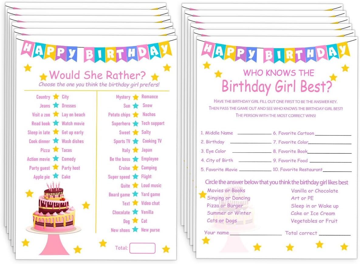 Birthday Party Games Set for Girls- 20 Birthday Double Sided Games Cards Set- Girls Birthday Party Activity Notebook Themed Party Activity and Idea - Girl Birthday Supplies, Activity, Decorations