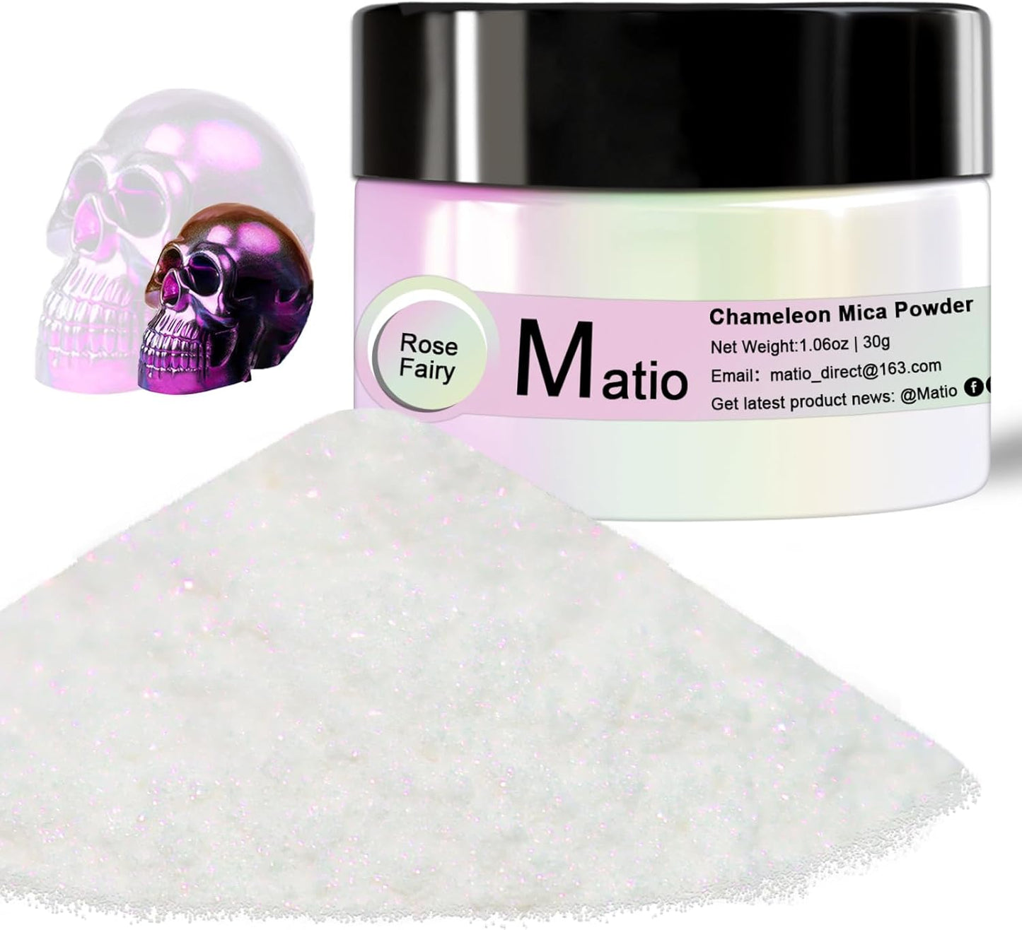 Matio Chameleon Mica Powder, 1.06oz/ 30g Rose Fairy White Chrome Powder, Pearlescent Effect Color Shift Pigment for Resin Craft, Soap Candle Dye, Nail Art, Makeup, Bath Bomb, Paint, Slime Pigment