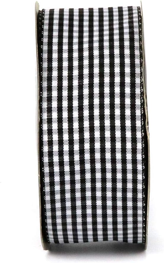 1.5 Inch Black and White Woven Edge Gingham Ribbon 25 Yards Each Roll 100% Polyester (1-1/2", Black)