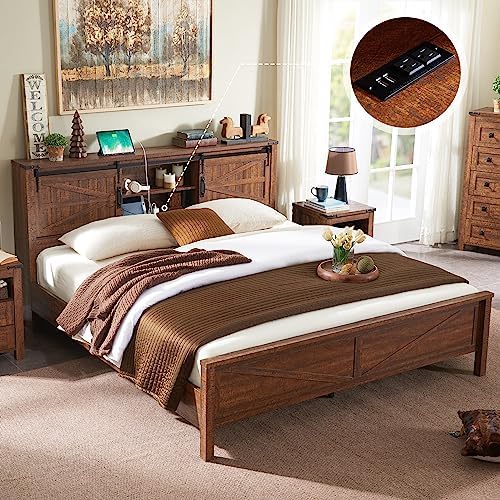 T4TREAM Farmhouse Queen Size Bed Frame w/Storage Bookcase Headboard, Sliding by T4TREAMFurniture