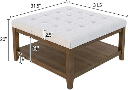ABHENG 31.5” Large Square Storage Ottoman, Upholstery Solid Rubberwood Coffee - Image 2