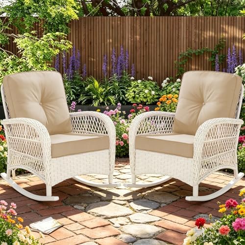 MEETWARM Outdoor Wicker Rocking Chairs Set of 2, Rattan Patio Rocker Chairs by MEETWARM