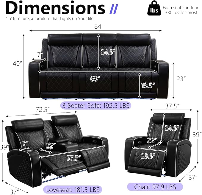 Power Recliner Sofa Set, Breathing Leather Reclining Couch Set, Home Theater - Image 2