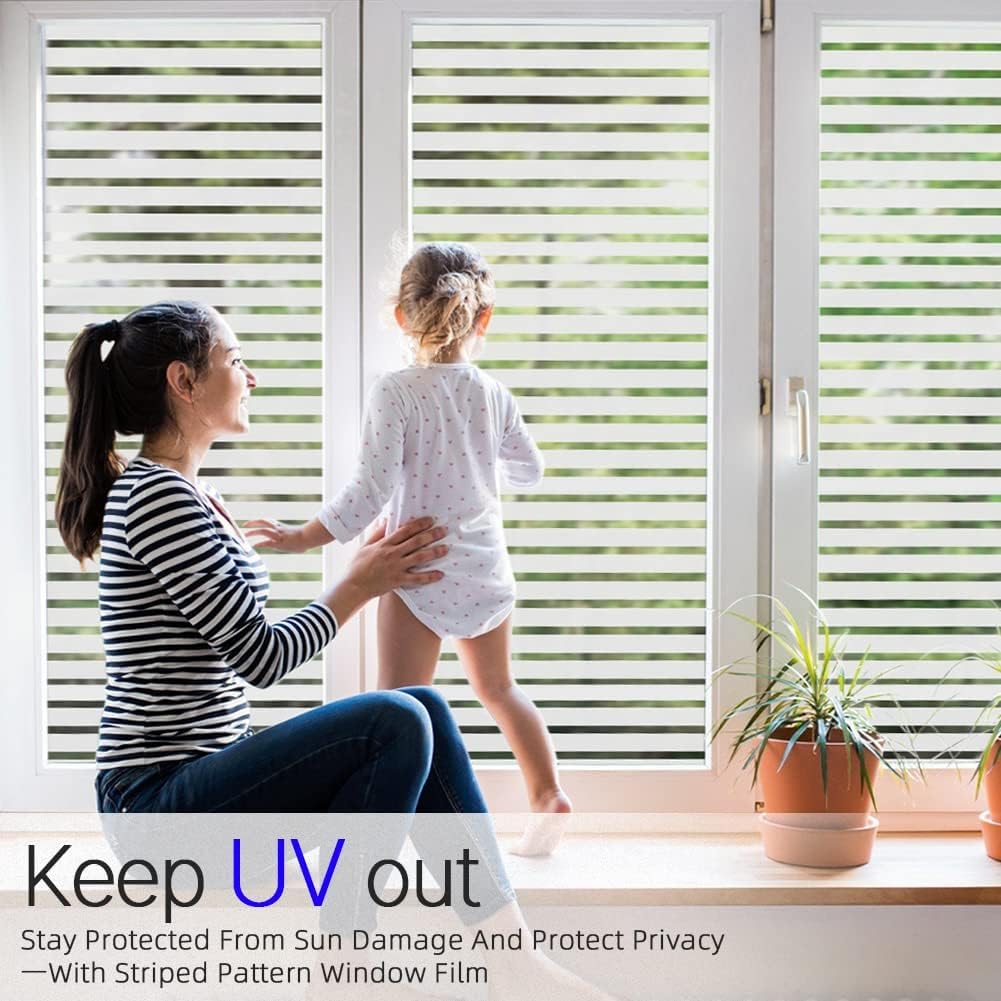 Qualsen Privacy Window Film, Frosted Windows Privacy Film, Frosting Cling for Glass, Anti-UV Reeded Blinds Sticker for Home Office Meeting Room, Stripe Patterns, 11.8x47inch