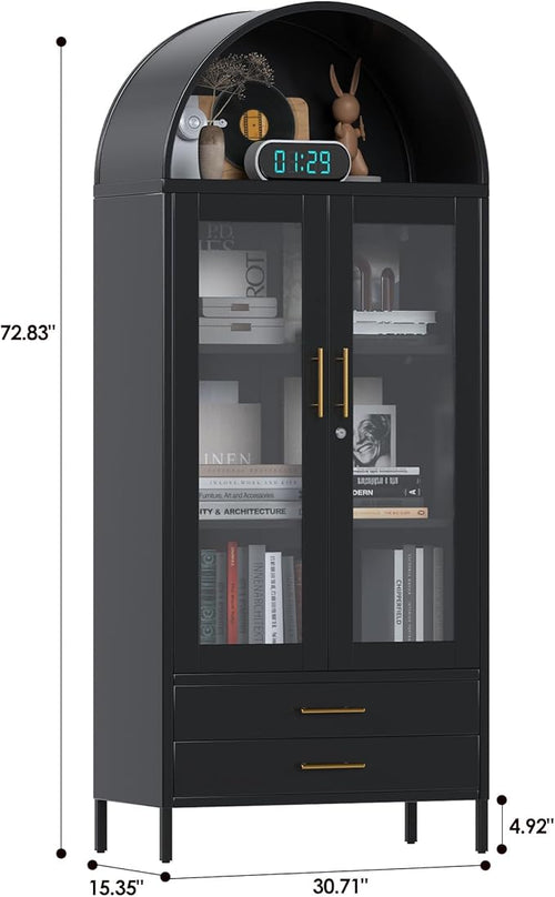 73" Tall Display Cabinet with Glass Doors and 2 Drawers, Metal Arched Cabinet - Image 2