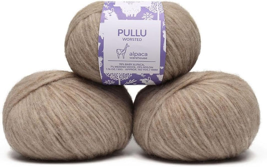 Pullu - Baby Alpaca Merino Wool Yarn Set of 3 Skeins (150 Grams) Worsted Weight - Sourced Directly from Peru - Heavenly Soft and Perfect for Knitting and Crocheting (Heather Beige)
