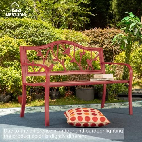 MFSTUDIO 50” Outdoor Garden Bench Cast Iron Metal Bird Pattern Backrest Red - Image 6