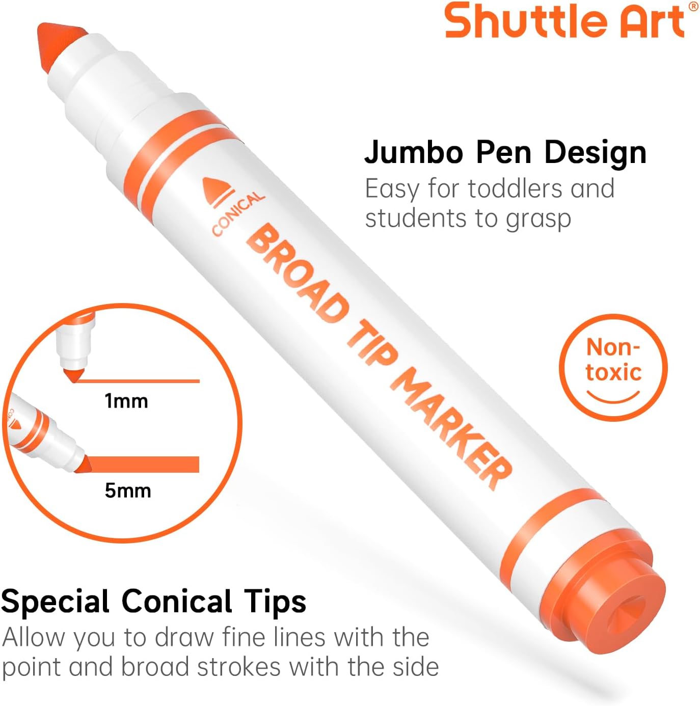 Shuttle Art 120 Count Washable Markers, 10 Assorted Colors Broad Line Conical Tip Large Markers Bulk with a Box, Home Classroom School Supplies for Toddlers Kids Adults Students Teachers