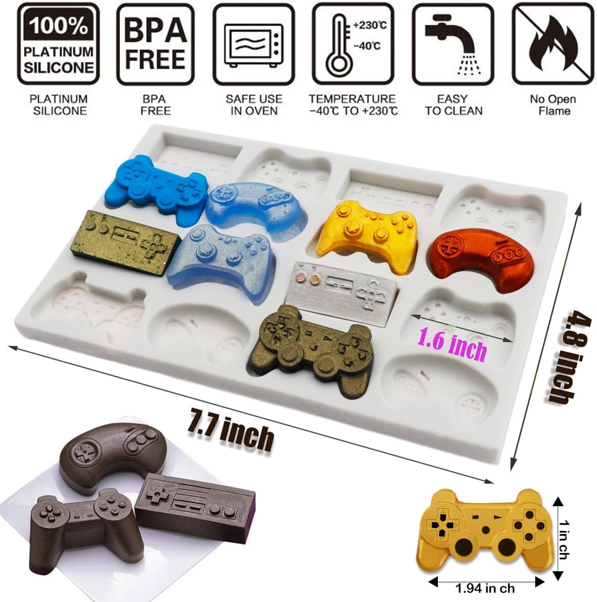 Sakolla Game Controller Silicone Molds, 16 Cavity Non Stick Video Game Controller Molds for Chocolate, Candy, Cake Decoration, Cake Pops, Resin