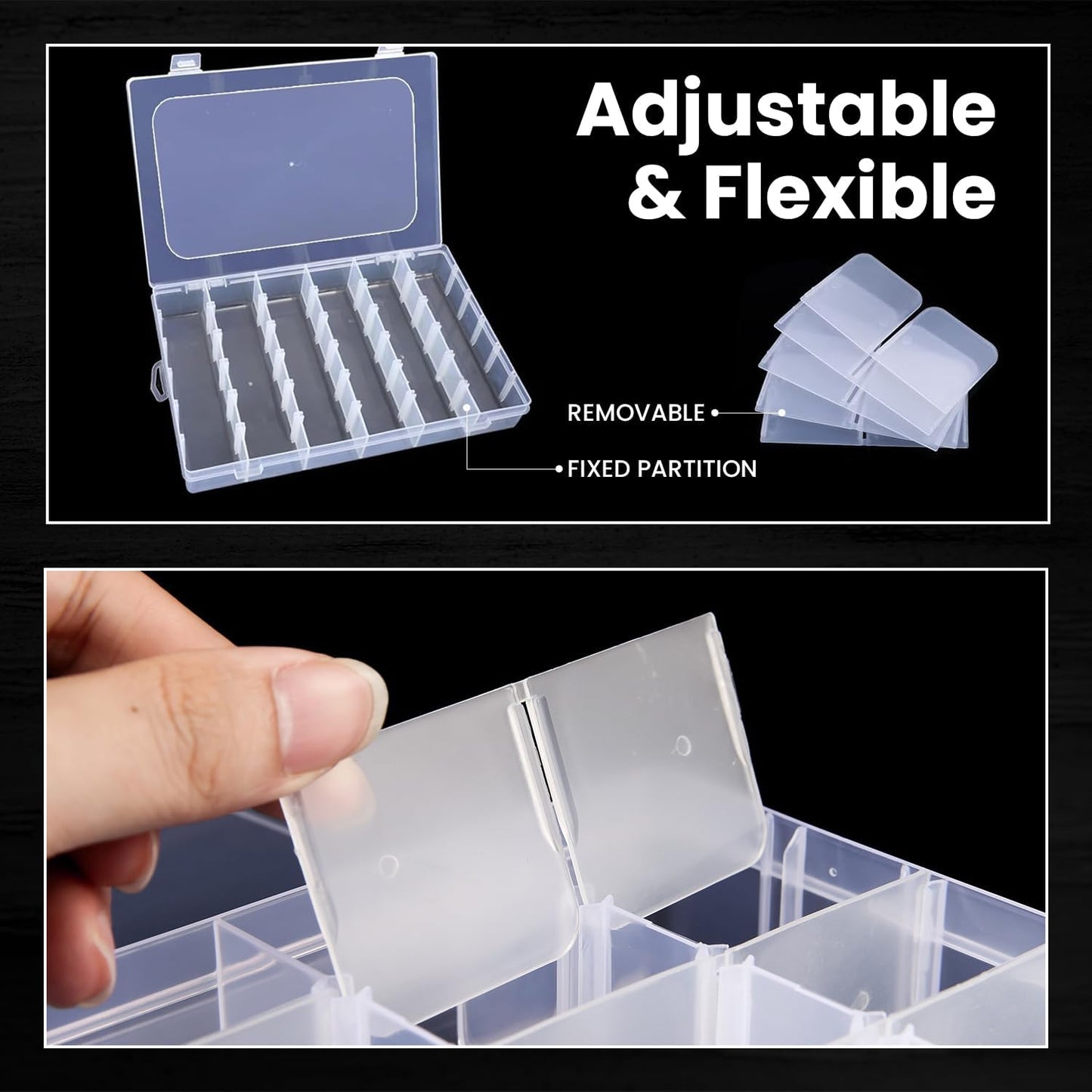 8pack 36 Grids Plastic Clear Organizer Box bead Storage Containers with Adjustable Dividers for Craft Jewelry Fishing Tackles Parts Storage with 8 Sheets Label Stickers