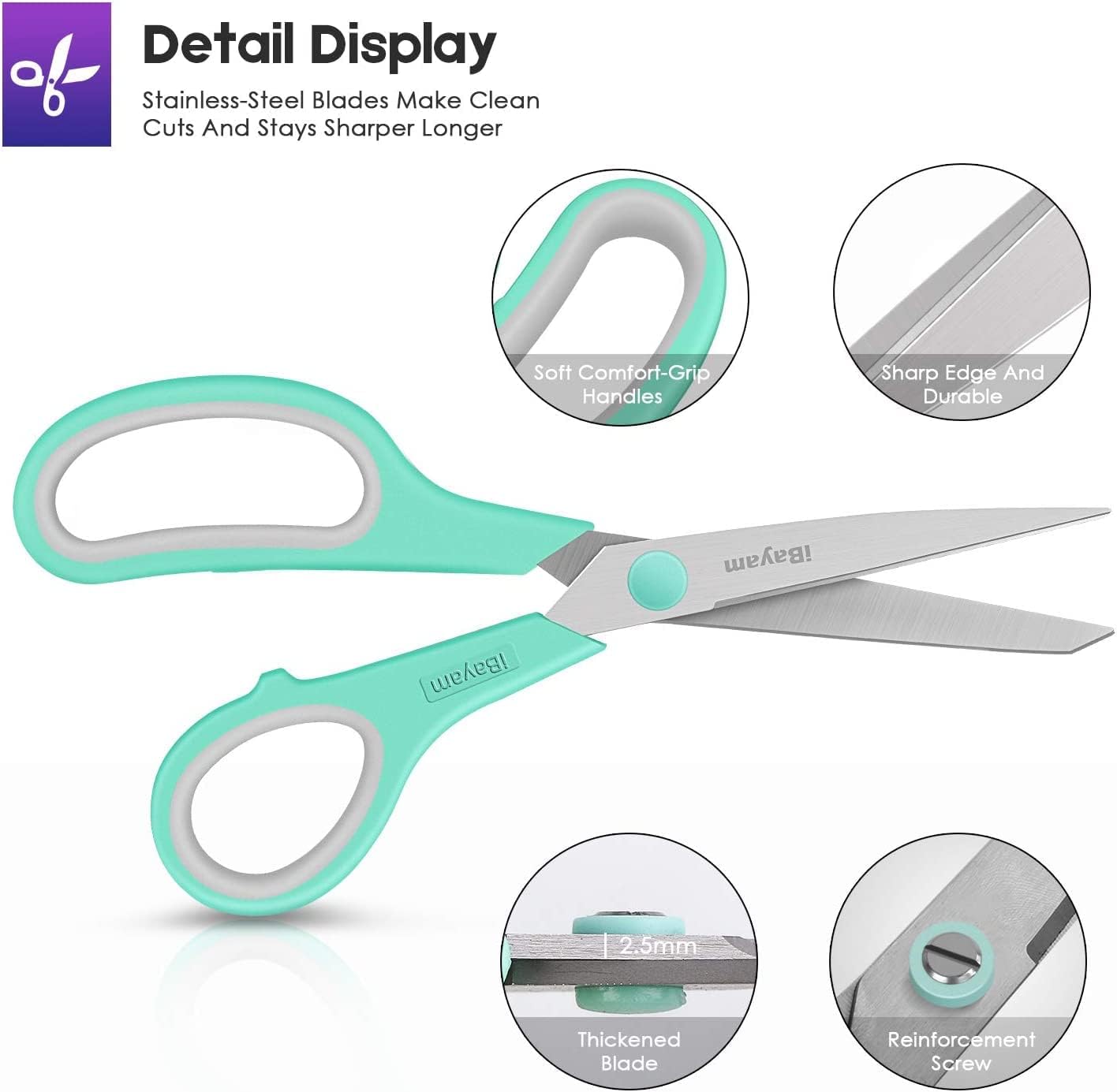 8 '' Multipurpose Heavy Duty Scissors Bulk 24-Pack, 2.5mm Thickness Ultra Sharp Blade Shears with Comfort-Grip Handles for Household School Office Supplies, Right/Left Hand Tools
