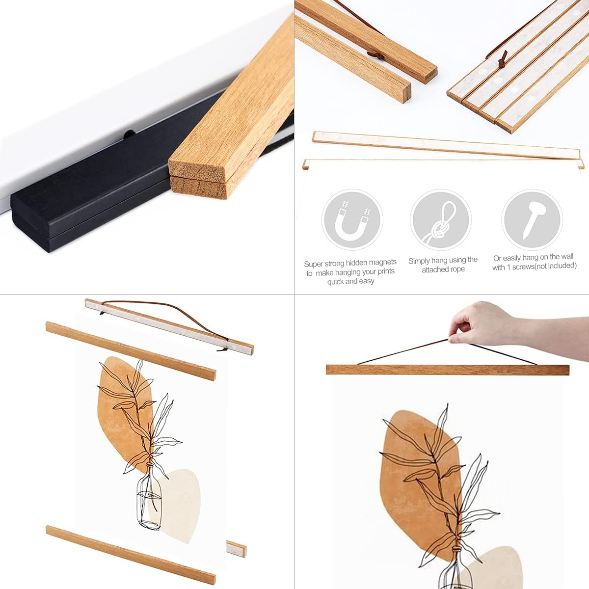 Ywlake Magnetic Poster Hanger, 8x10 8x20 8x11 Poster Frame Wood Wooden Magnet Print Posters Dowel Scroll Hanger Hangers Hanging Kit for Walls Map Canvas Artwork (Teak Wood, 8")