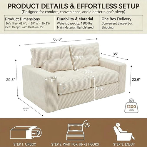 69" Corduroy Loveseat Sofa in a Box, High-Density Foam Couch, No Assembly - Image 2