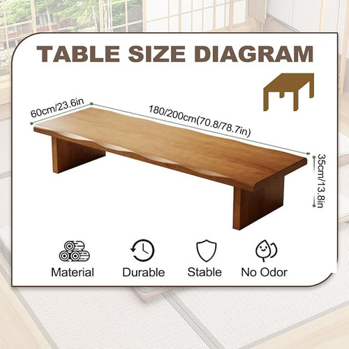 200 cm Solid Wood Low Coffee Table in Japanese Style, Tatami Meditation Table - Image 2