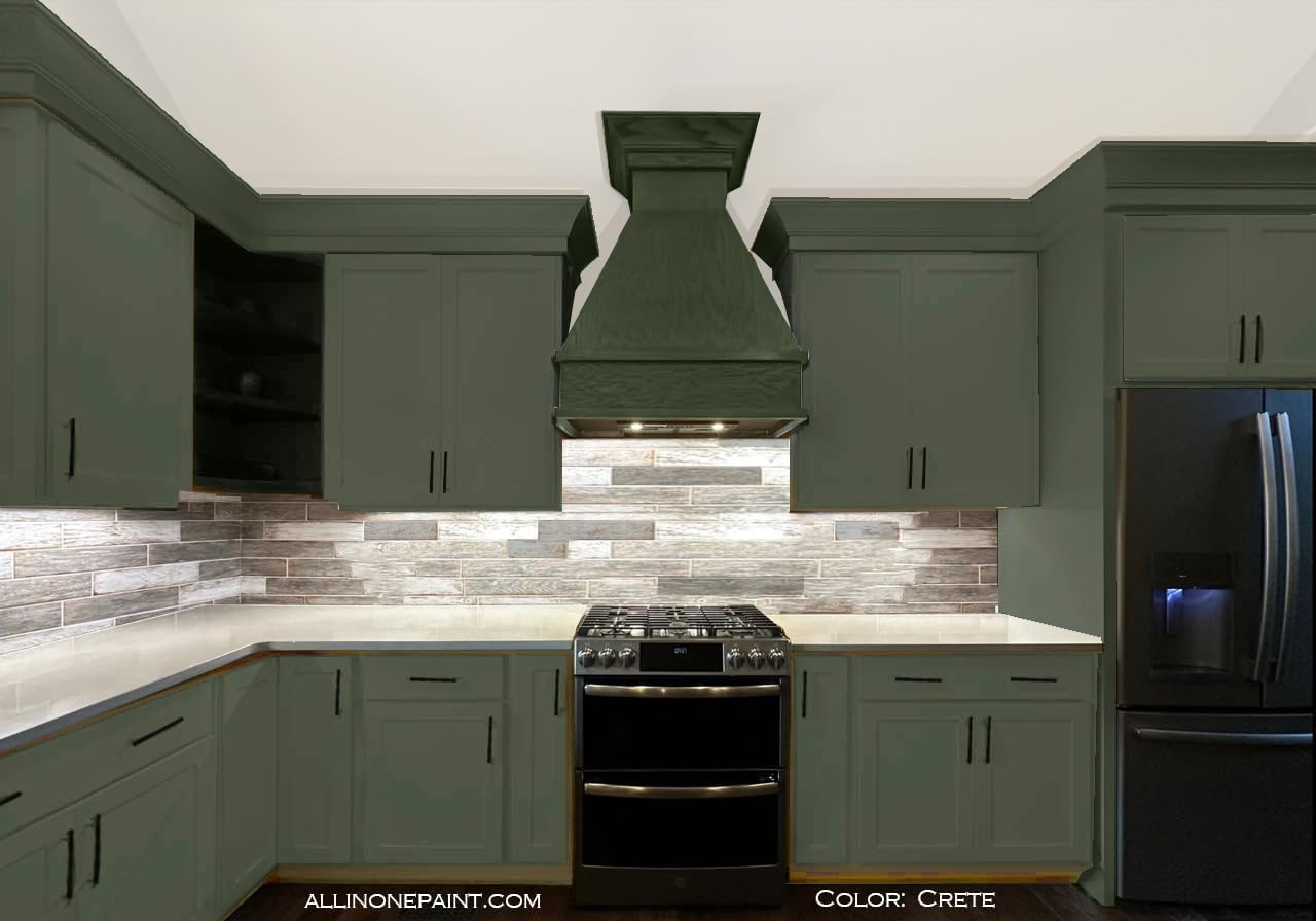 ALL-IN-ONE Paint, Durable cabinet and furniture paint. Built in primer and top coat, no sanding needed. Includes our 30 featured color card - Crete (olive green), 8oz Sample