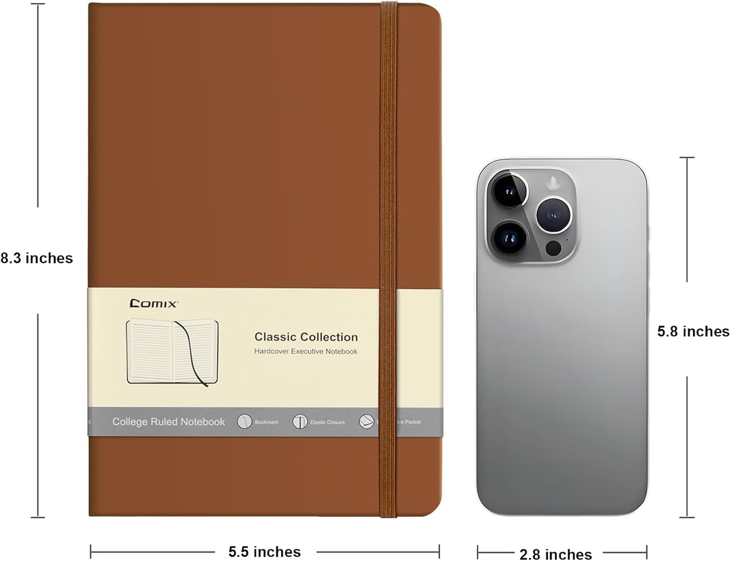 Comix Lined Journal Notebook for Women Men, Journaling Notebooks for Office School Home, Brown, 240 Pages, 5.5" x 8.3", College Ruled, A5, Hardcover