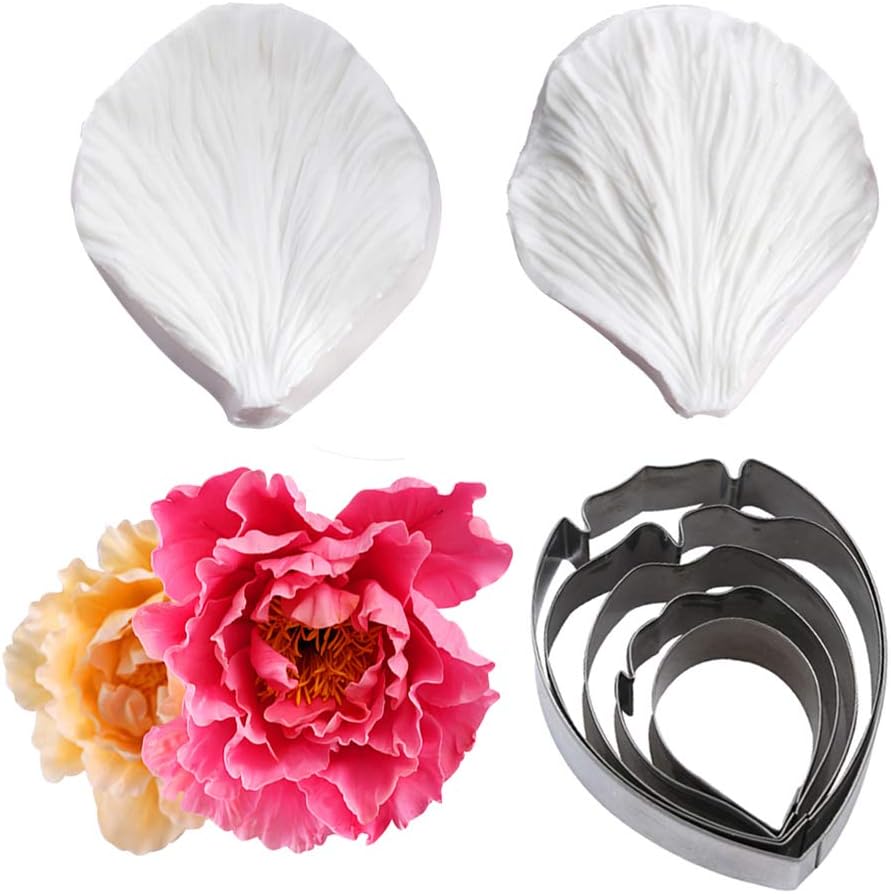 KALAIEN 5pcs Stainless Steel Peony Cutter 2pcs Fondant Silicone Mold Gumpaste Peony Sugarcraft Flower Veining Mold Veiner Petal Making Tool