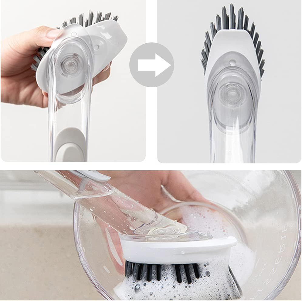 Soap Dispensing Dish Brush with 4 Replaceable Heads, Updated No Leaking Soap Dish Scrubber Soap Dispenser, Kitchen Dish Brush with Soap Dispenser for Pot Pan Sink Cleaning(Light Gray)
