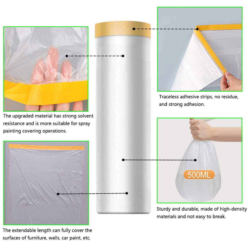 Pre-Taped Masking Film-70inx65ft Tape and Drape Painters Plastic Rolls, Plastic Painting Film for Automotive Painting Covering,Protective Drop Film for Furniture, Car, Floor (6rolls, 70in×65ft)