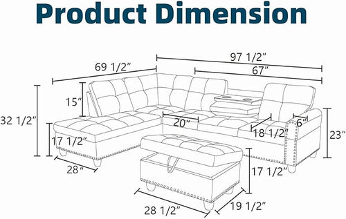 97.5" L Shaped Couch Set Leather, Modular Sectional Couches - Image 2