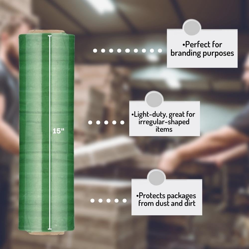PSBM Green Stretch Wrap, 15 Inch x 1476 Feet, 4 Pack, Tinted Pre-Stretched Shrink Wrap Film for Moving, Packaging, Pallet Wrapping
