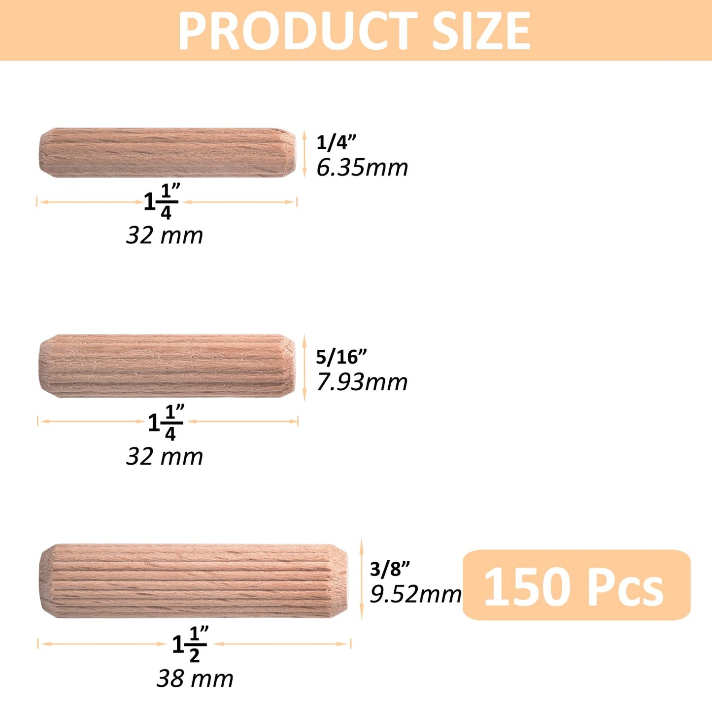 3/8-Inch Wooden Dowel Pins - 150 Pcs 3/8 x 1-1/2 inch Fluted Wood Dowels Rods,Hardwood Crafts Dowel Pegs,Beechwood