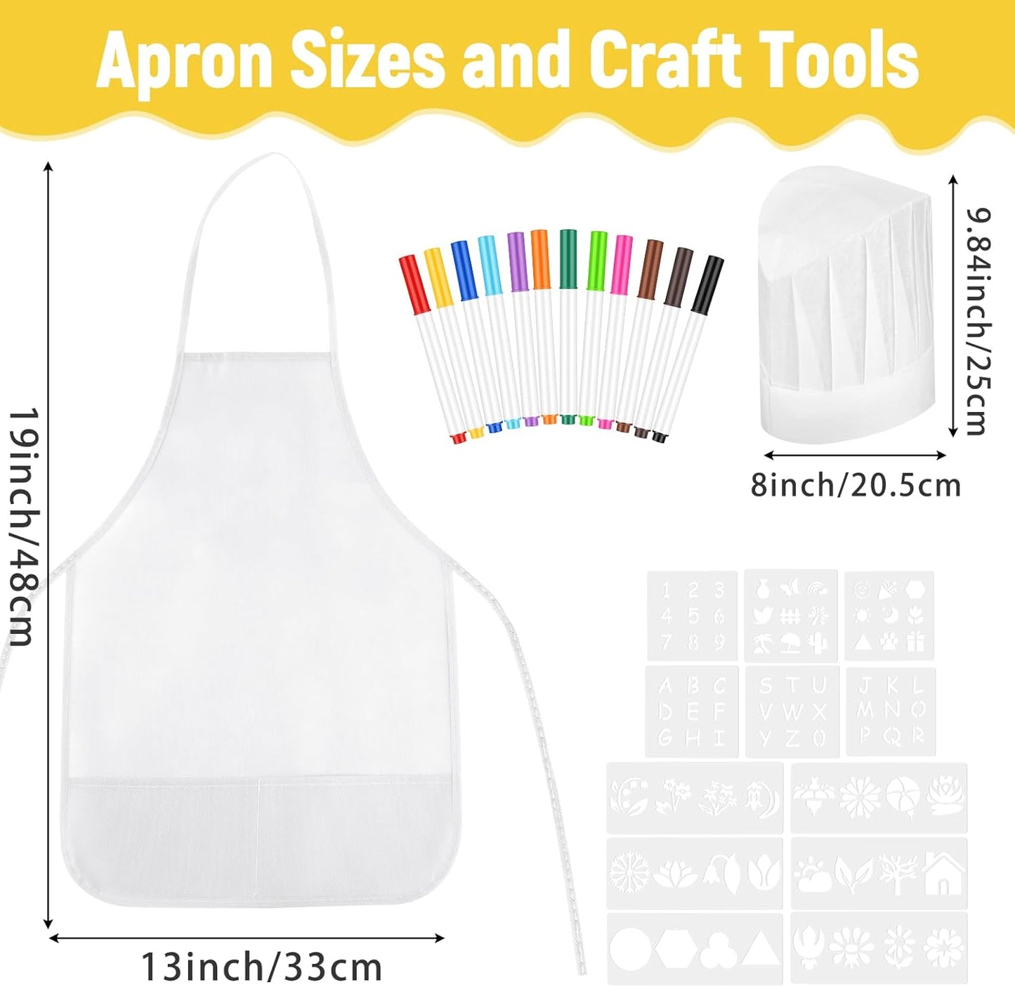 36PCS DIY Kids Chef Hat and Apron Set Kids Painting Aprons with Colored Pen and Crafts Template for Baking Painting Craft